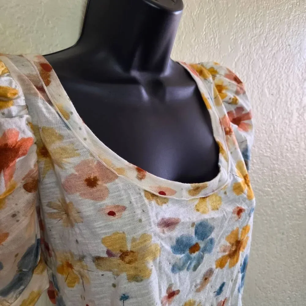 Anthropologie Floral Puff Sleeve Top